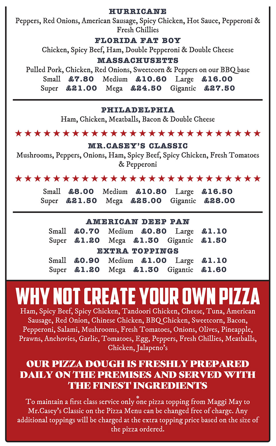 Pizza Menu - Mr Caseys American Pizza